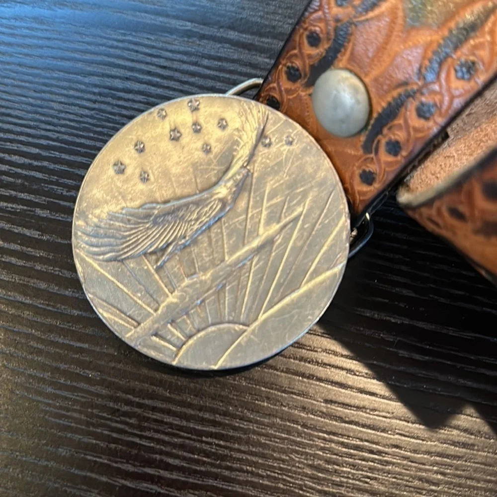 Bergamot Brass Works Vintage Tooled Leather Belt with Soaring Eagle Brass Buckle
